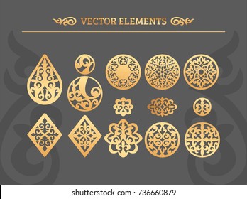 Set Of Golden Luxury Design Vector Elements, Flourishes Ornaments, Classic Style Design Collection For Invitations, Banners, Posters, Badges And Logotypes.