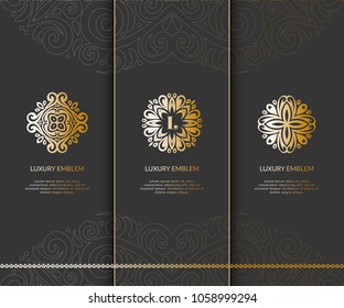 Set of golden luxury emblems on a black background. Ornament. Can be used for jewelry, beauty and fashion industry. Elegant. Great for logo, monogram, invitation, flyer, menu or any desired idea.