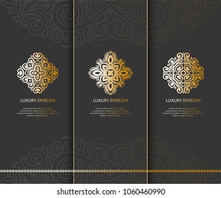 Set of golden luxury emblems on a black background. Ornament. Can be used for jewelry, beauty and fashion industry. Elegant. Great for logo, monogram, invitation, flyer, menu or any desired idea.