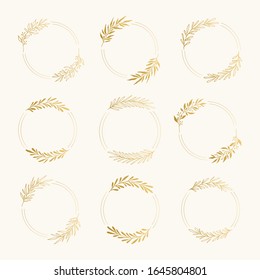 Set of golden luxury identity with floral elements. Wreaths, borders and frames for feminine design. Vector isolated.