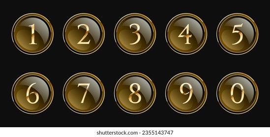Set of golden luxury numbers, mathematical symbols in realistic vector golden style, in golden circles, glossy buttons.