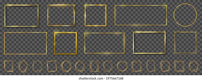 Set golden luxury shiny glowing vintage frame with reflection and shadows. Isolated on transparent background gold border decoration sign – vector