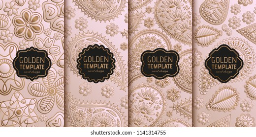 Set of golden luxury templates. Abstract geometric background with paisley and flowers. Vector illustration.