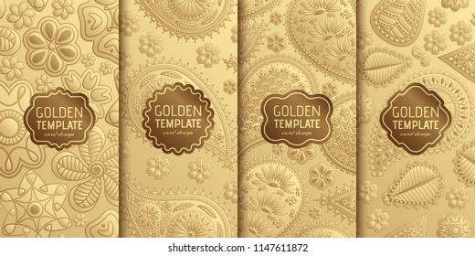 Set of golden luxury templates. Abstract geometric background with paisley and flowers. Vector illustration.