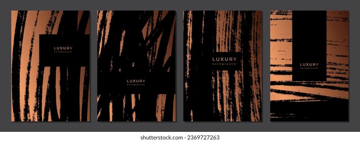 Set of golden luxury templates with brush strokes. Gold background. Hand drawn textures. Dry brush scribble. Expressive brush strokes. Collection of grunge black texture on bronze background
