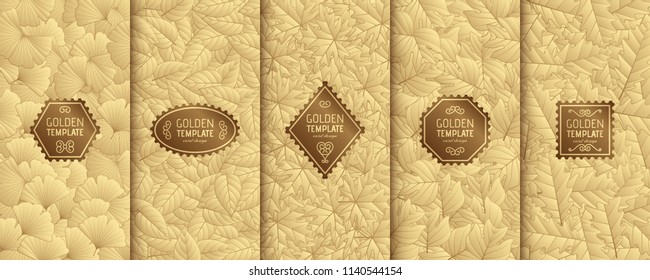 Set of golden luxury templates. Gold autumn leaves background. Vector illustration.