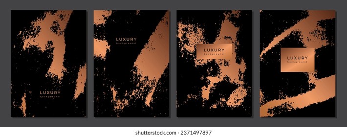 Set of golden luxury templates with grunge texture. Gold background. Hand drawn textures. Dry brush scribble. Expressive brush strokes. Collection of grunge black texture on bronze background