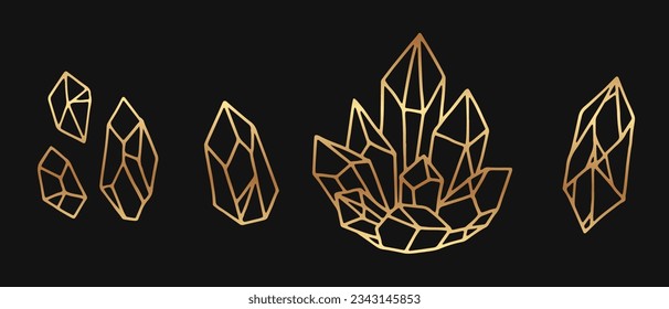 Set of golden magic hand-drawn crystals or minerals.