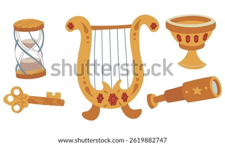 set of golden magic items. A harp, clock, key, telescope in colored flat style. Suitable for fantasy projects, books, games, and works of art related to magic, alchemy, and mystical rituals.