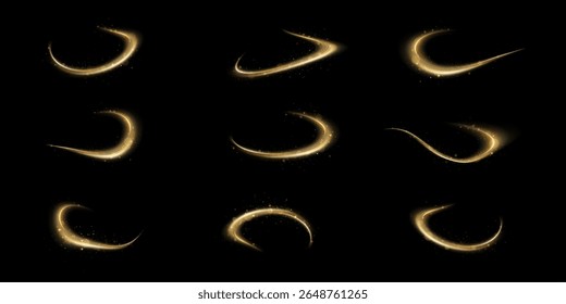  Setzen Sie goldene Magic Light Swirls. Wellige Kometenschwänze, funkelnder Staub und glühende Spiralpfade auf dunklem Hintergrund für elegante Feiertage- oder kosmische Deko-Overlays