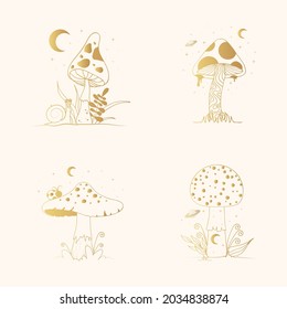 Set with golden magic mushrooms. Gold Celestial fungi collection.