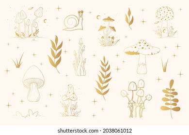 Set with golden magic mushrooms, leaves, floral elements. Gold celestial fungi with moon and stars. Witchy spiritual doodle.