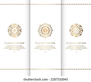 Set von goldenen Mandala-Logos. Kann für Schmuck-, Beauty- und Modebranche verwendet werden. Ideal für Emblem, Monogramm, Einladung, Flyer, Menü, Broschüre, Hintergrund oder jede gewünschte Idee.