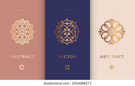 Conjunto de logotipos de mandala dorados. Puede ser utilizado para la joyería, la belleza y la industria de la moda. Ideal para emblema, monograma, invitación, volante, menú, folleto, fondo o cualquier idea deseada.