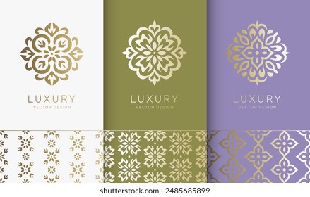 Conjunto de logotipos de mandala dorados. Puede ser utilizado para la joyería, la belleza y la industria de la moda. Ideal para emblema, monograma, invitación, volante, menú, folleto, fondo o cualquier idea deseada.
