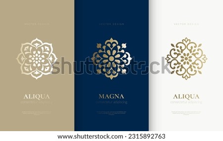 Set of golden mandala logos. Can be used for jewelry, beauty and fashion industry. Great for emblem, monogram, invitation, flyer, menu, brochure, background, or any desired idea.