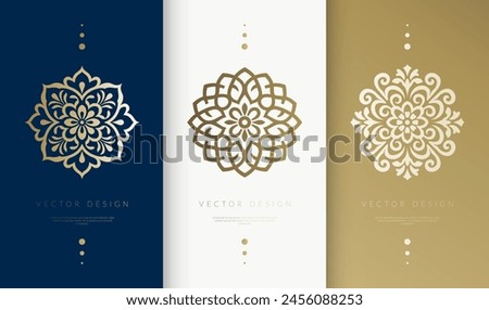 Set of golden mandala logos. Can be used for jewelry, beauty and fashion industry. Great for emblem, monogram, invitation, flyer, menu, brochure, background, or any desired idea.