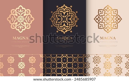 Set of golden mandala logos. Can be used for jewelry, beauty and fashion industry. Great for emblem, monogram, invitation, flyer, menu, brochure, background, or any desired idea.