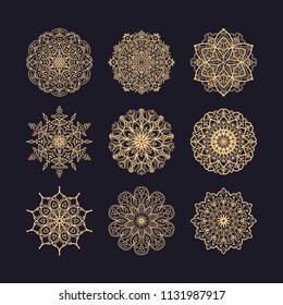 Set of golden mandalas. Vintage decorative elements. Hand drawn background. Islam, Arabic, Indian, ottoman motifs. Perfect for invitation card or wallpaper. Good for printing on paper.