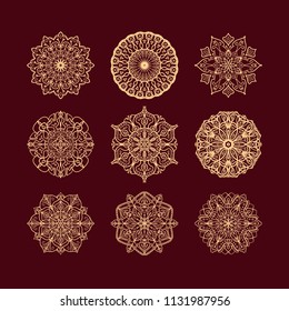 Set of golden mandalas. Vintage decorative elements. Hand drawn background. Islam, Arabic, Indian, ottoman motifs. Perfect for invitation card or wallpaper. Good for printing on paper.