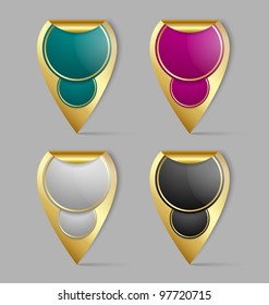 Set of golden map markers or stickers isolated on grey background