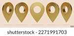 Set of golden map pointer isolated on beige background. Gold location pin or navigation. 3D Locator mark of map pointer, symbol, position. 3D vector illustration.
