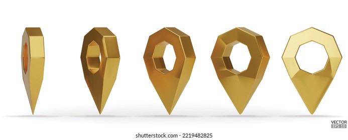 Set of golden map pointer isolated on white background. Gold location pin or navigation. 3D Locator mark of map pointer, symbol, position. 3D vector illustration.