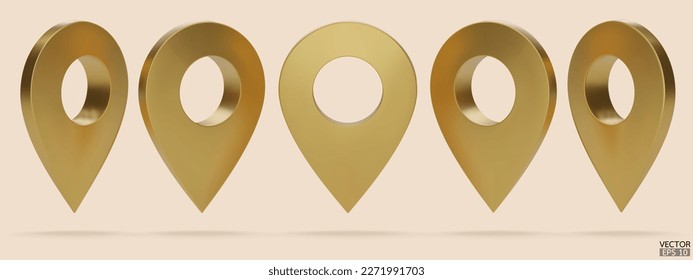 Set of golden map pointer isolated on beige background. Gold location pin or navigation. 3D Locator mark of map pointer, symbol, position. 3D vector illustration.