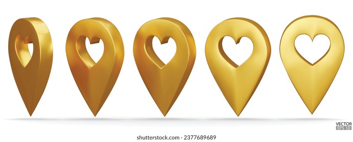 Set of golden map pointer on heart shape isolated on white background. Gold location pin or navigation. 3D Locator mark of map pointer, symbol, position. 3D vector illustration.