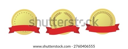 Set of golden medal emblems with red ribbons. Luxury gold seals with laurel wreaths and stars on white background for award, trophy, and premium quality certification.