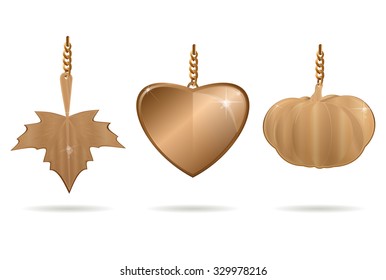 Set golden medallion on a gold chain. Jewelry in the shape of a pumpkin, maple leaves and hearts. Vector illustration.