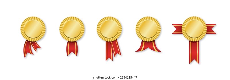 Set of golden medals, badges and red ribbons. Design elements . Vector illustration. 10 EPS.