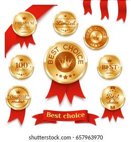 Set of golden medals, badges and red ribbons. Design elements . Vector illustration