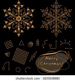 Set von goldenen Memphis-Stilelementen, einschließlich Schneeflocken. Goldene Schneeflocken auf schwarzem Hintergrund. Gut für Winterurlaubsbanner, Postkarten, Flyer und andere Drucke. Vektorgrafik.