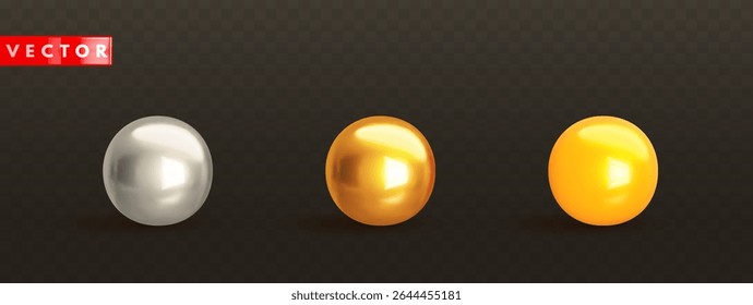 Conjunto de esfera de metal dourado 3d em estilo realista. Ouro, prata e amarelo brilhante contas isoladas no fundo preto. Elementos 3d para design. Ilustração vetorial