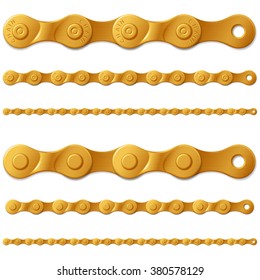 Set of golden metal bicycle chain, isolated on white, vector illustration