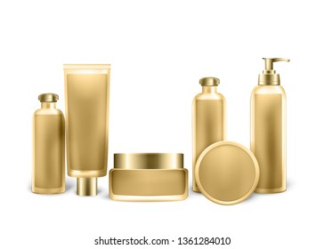 Set of Golden Metallic Colored Tubes, Bottles and Sprays of Different Shapes. Realistic Package for Cosmetic Products. Mockup Collection Isolated on White Background. 3D Vector Realistic Illustration.