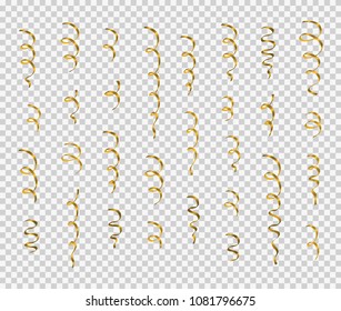 Set of golden metallic flowing streamers or ribbons isolated on transparent background.