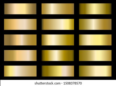 Set Of Golden Metallic Gradient. Vector Illustration. Collection Of Brilliant Plates With Gold Effect. Metallic Swatches. Golden Gradient With Matte And  Glossy Texture