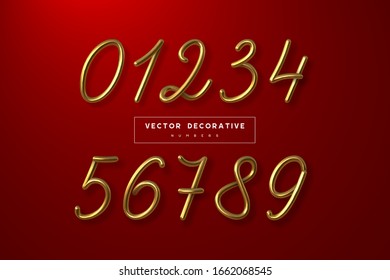 Set of golden metallic numbers. 3d handwritten calligraphy. Isolated on red background. Decorative realistic characters for birthday party, anniversary. Vector.