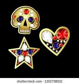 Set of golden Mexican sugar skulls, star and heart. Vector illustration with jewellry.