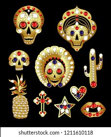 Set of golden Mexican sugar skulls and other elements. Vector illustration with jewellry
