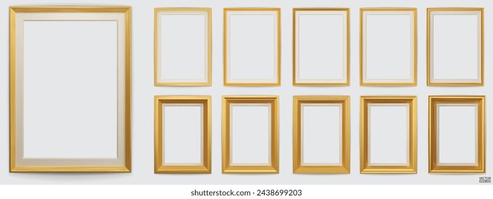 Set of golden modern frame isolated on white background. Realistic rectangle frames mockup. Classic Photo wooden frame. Gold borders set for painting, poster, photo gallery. 3d vector illustration.
