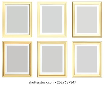 Set of golden modern frame isolated on white background. Realistic rectangle frames mockup. Classic Photo wooden frame. Gold borders set for painting, poster, photo gallery. 3d vector illustration.