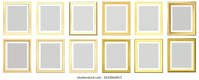 Set of golden modern frame isolated on white background. Realistic rectangle frames mockup. Classic Photo wooden frame. Gold borders set for painting, poster, photo gallery. 3d vector illustration.
