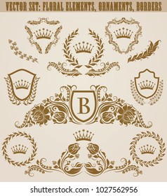 Set of golden monograms with floral elements for page, web design. Filigree royal shields, old frames, borders in vintage style for label, emblem, badge, logo, wedding card, invitation. Illustration.