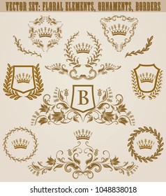 Set of golden monograms with floral elements for page, web design. Filigree royal shields, old frames, borders in vintage style for label, emblem, badge, logo, wedding card, invitation. Illustration.