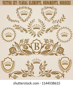 Set of golden monograms with floral elements for page, web design. Filigree royal shields, old frames, borders in vintage style for label, emblem, badge, logo, wedding card, invitation. Illustration.