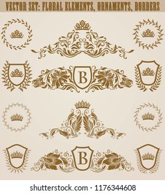 Set of golden monograms with floral elements for page, web design. Filigree royal shields, old frames, borders in vintage style for label, emblem, badge, logo, wedding card, invitation. Illustration.