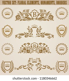 Set of golden monograms with floral elements for page, web design. Filigree royal shields, old frames, borders in vintage style for label, emblem, badge, logo, wedding card, invitation. Illustration.